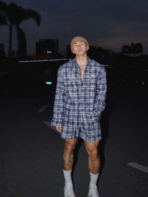 Summer Plaid Rhinestone Co-ord Set - Long Sleeve Shirt & Shorts Vacation Outfit