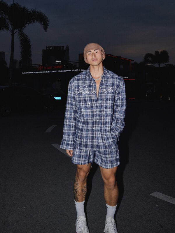 Summer Plaid Rhinestone Co-ord Set - Long Sleeve Shirt & Shorts Vacation Outfit