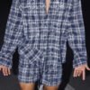 Summer Plaid Rhinestone Co-ord Set - Long Sleeve Shirt & Shorts Vacation Outfit