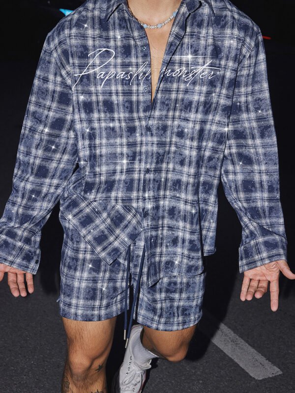 Summer Plaid Rhinestone Co-ord Set - Long Sleeve Shirt & Shorts Vacation Outfit