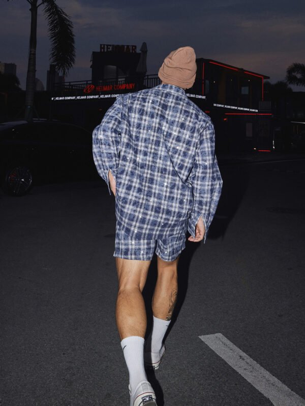 Summer Plaid Rhinestone Co-ord Set - Long Sleeve Shirt & Shorts Vacation Outfit